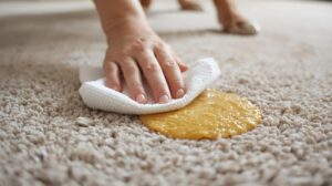 hand trying to scrub yellow dog vomit off a carpet